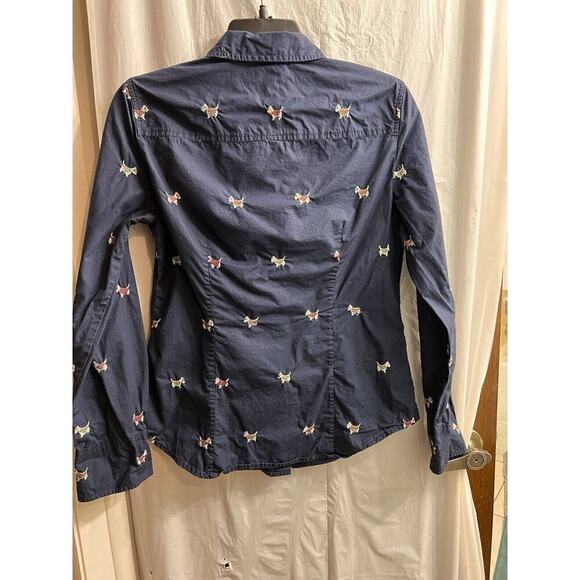 J Crew Dog Days Scottie Dog Navy Button Up Top Sz 4 Preppy Novelty Print Slim - Picture 8 of 8